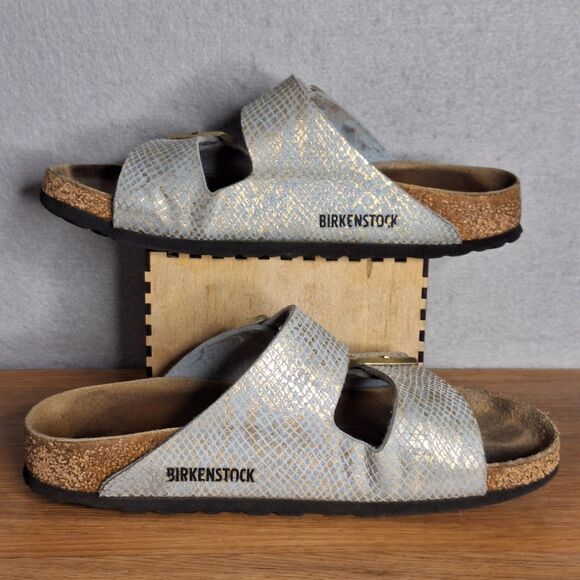 Birkenstock Arizona Women’s 7 EU 38 Narrow Shiny Python Blue Gold Slide Sandals - Picture 6 of 10
